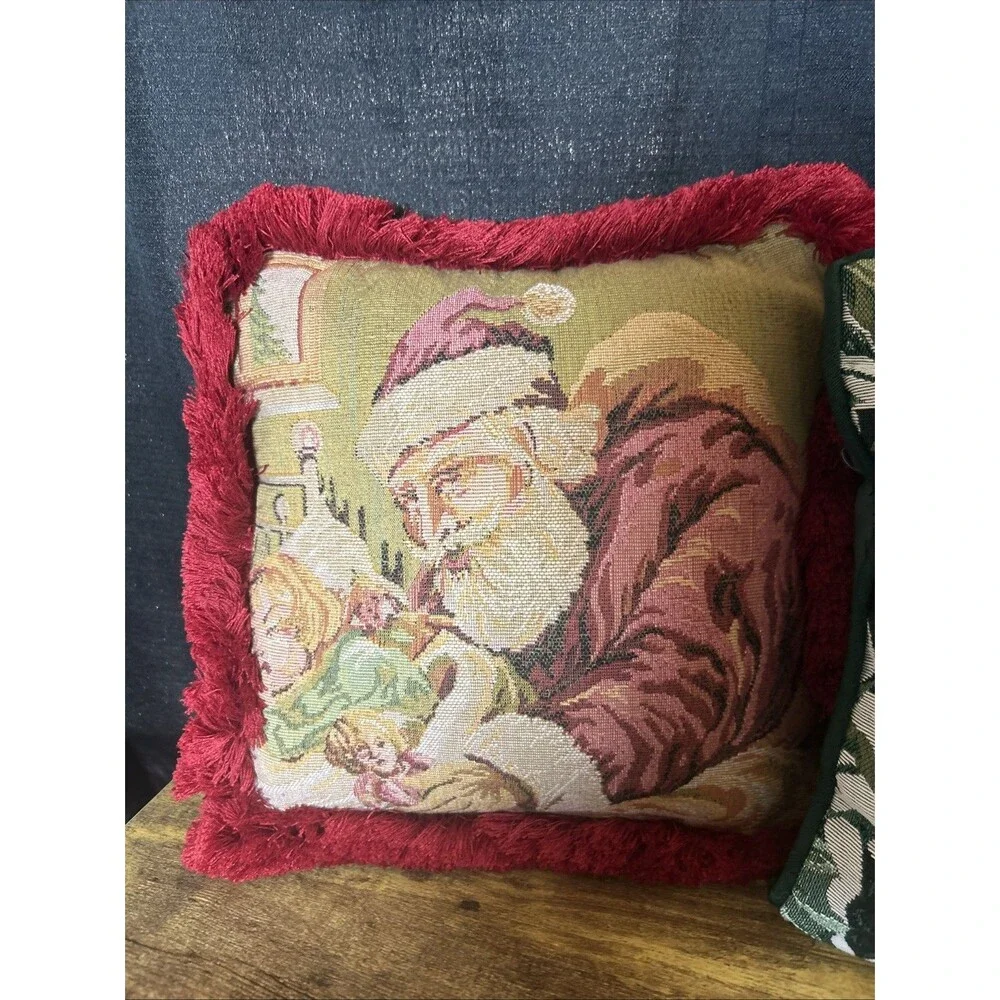 Christmas Vintage Tapestry Pillows Santa & Girl Holly & Berries Small